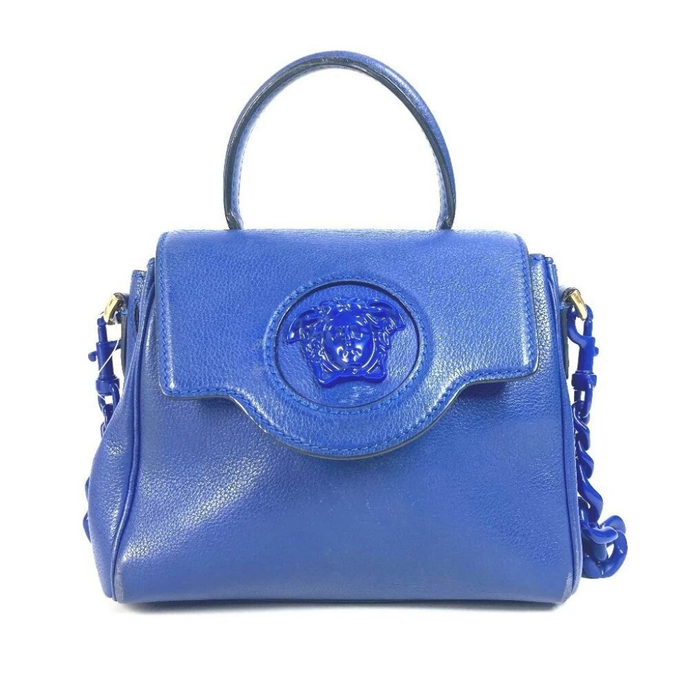 VERSACE medusa logo 2WAY Chain Shoulder Bag Hand Bag Leather blue